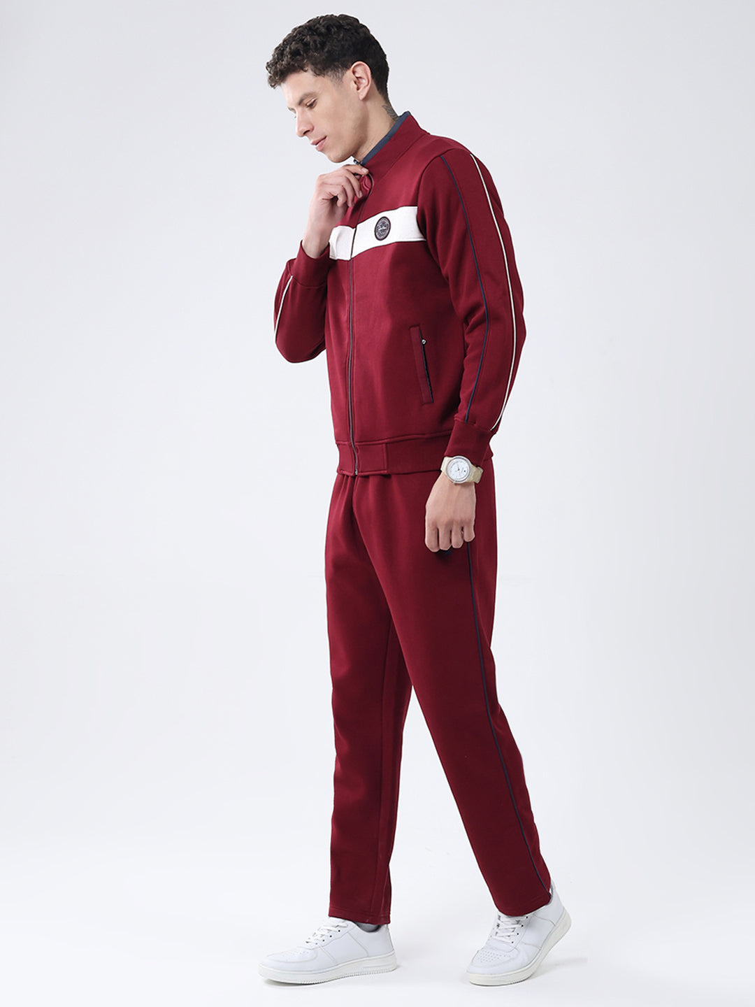 Men Maroon Solid Mock Neck Full Sleeve Winter Tracksuit