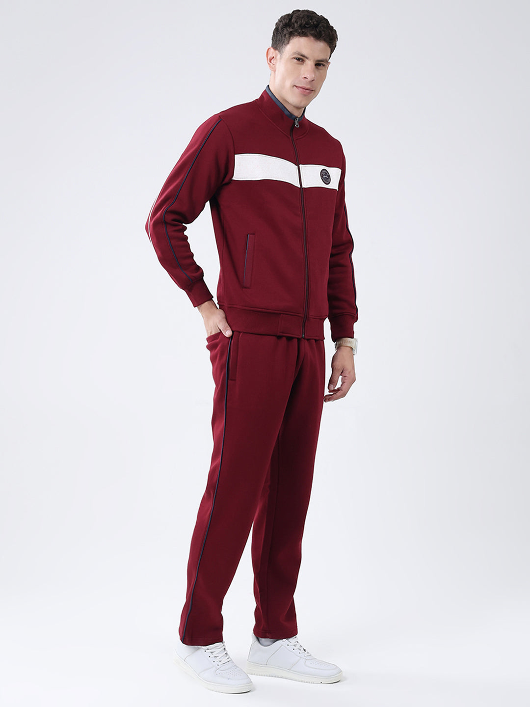 Men Maroon Solid Mock Neck Full Sleeve Winter Tracksuit