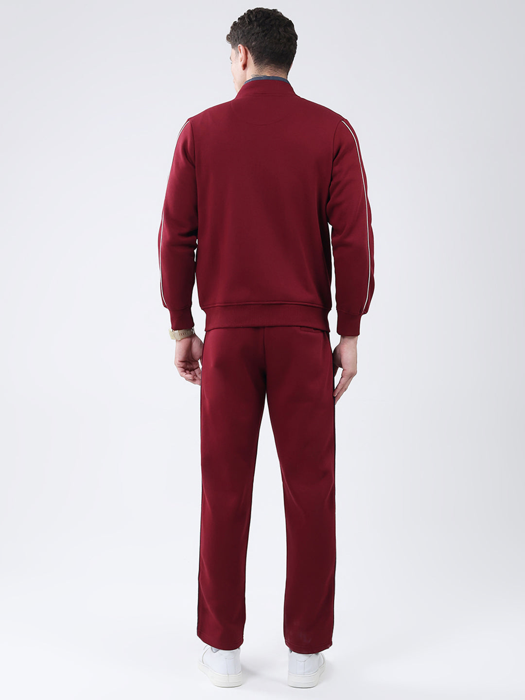 Men Maroon Solid Mock Neck Full Sleeve Winter Tracksuit