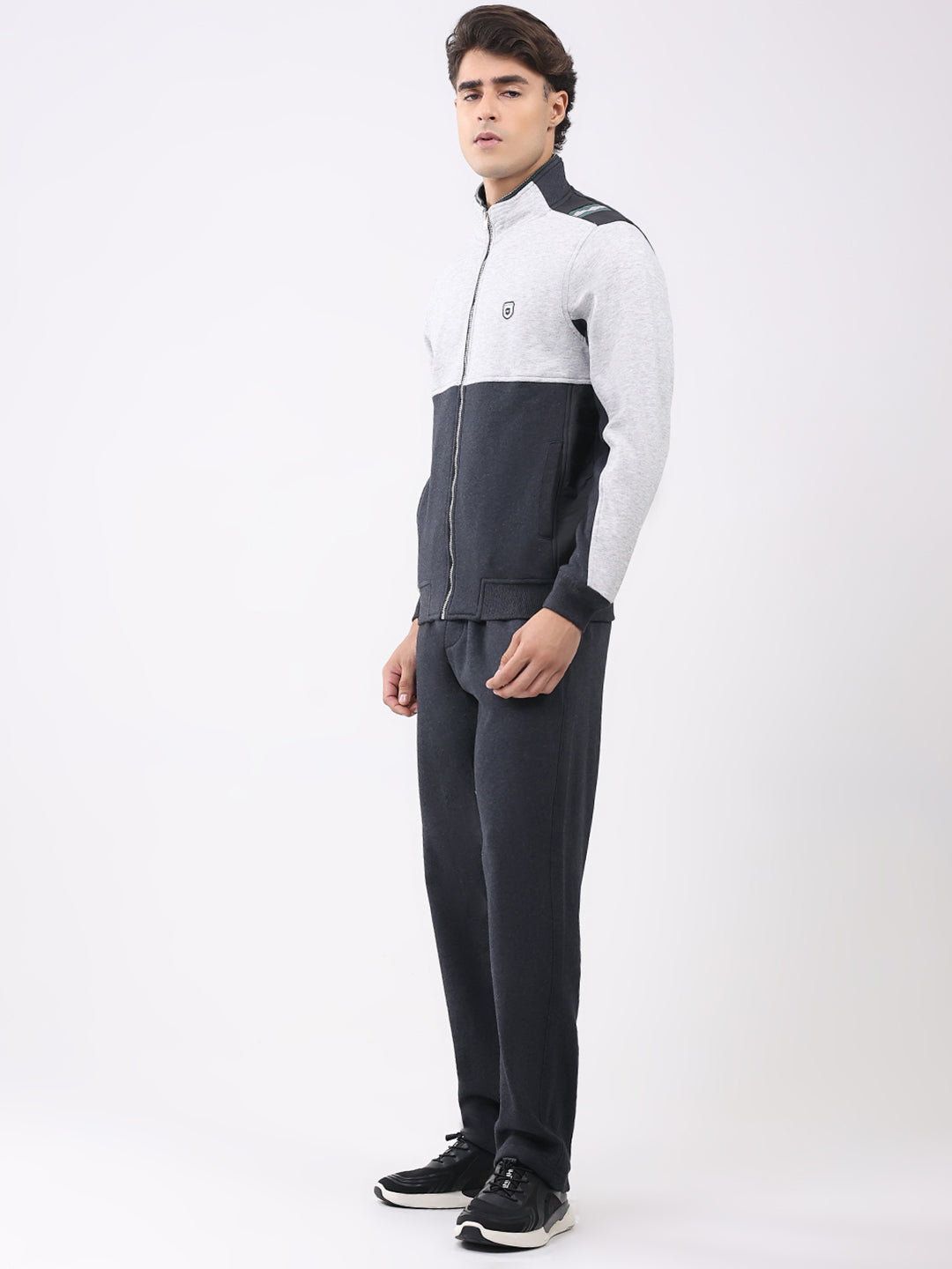 Men Charcoal Solid Collar Full Sleeve Winter Tracksuit