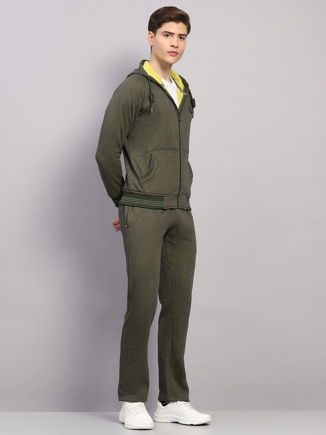 Men Olive Solid Collar Full Sleeve Winter Tracksuit