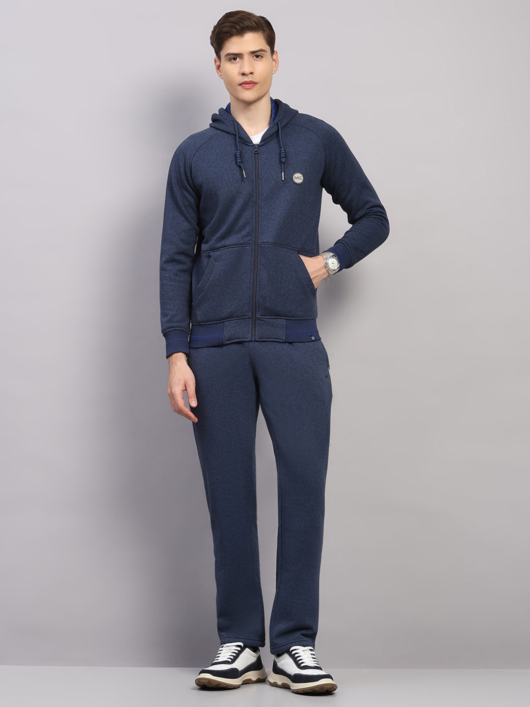 Men Navy Blue Solid Collar Full Sleeve Winter Tracksuit