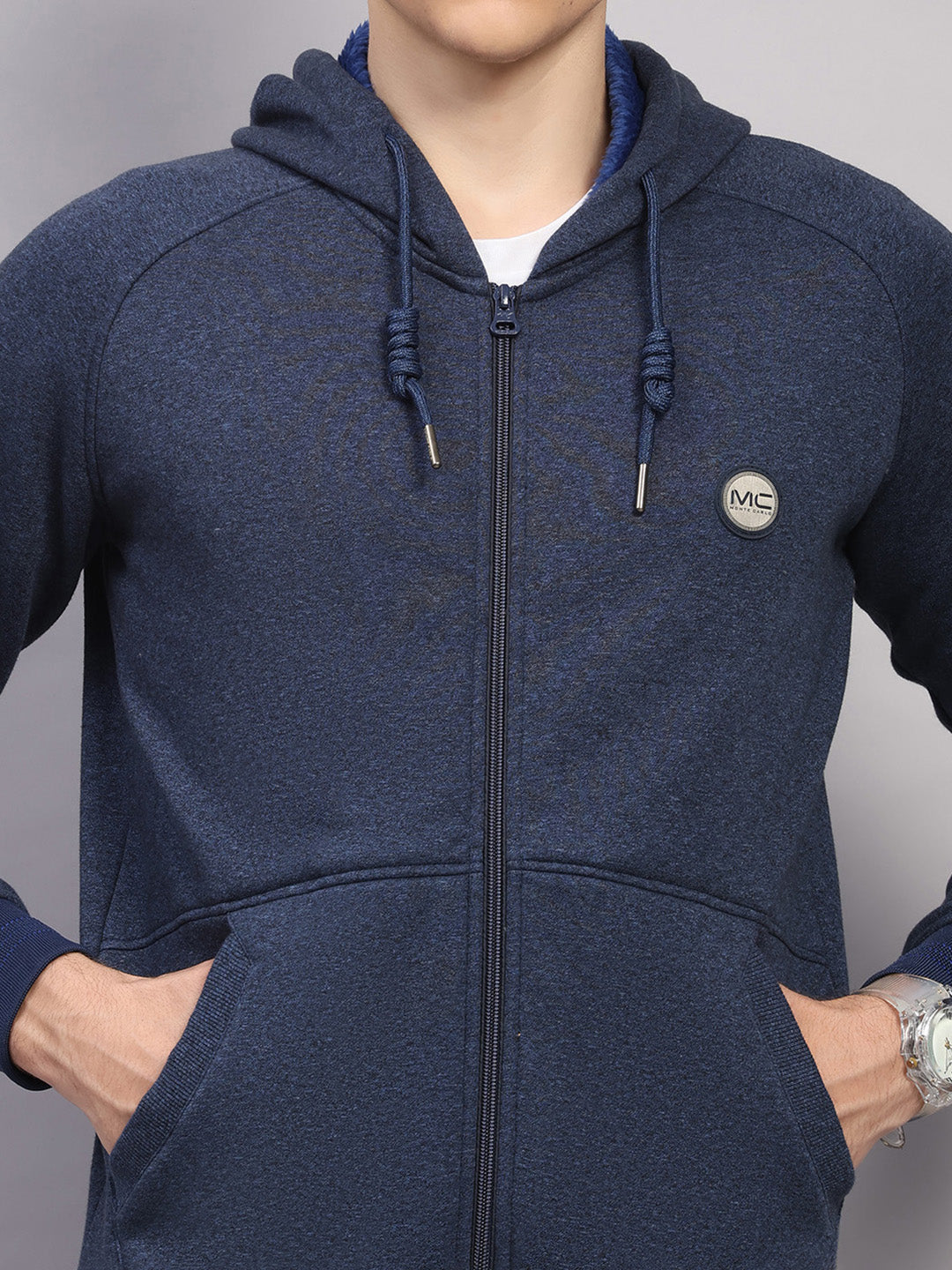 Men Navy Blue Solid Collar Full Sleeve Winter Tracksuit