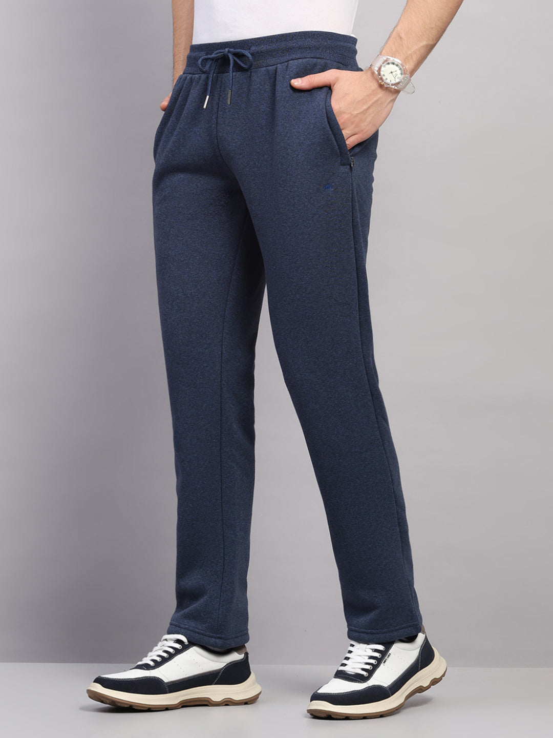 Men Navy Blue Solid Collar Full Sleeve Winter Tracksuit