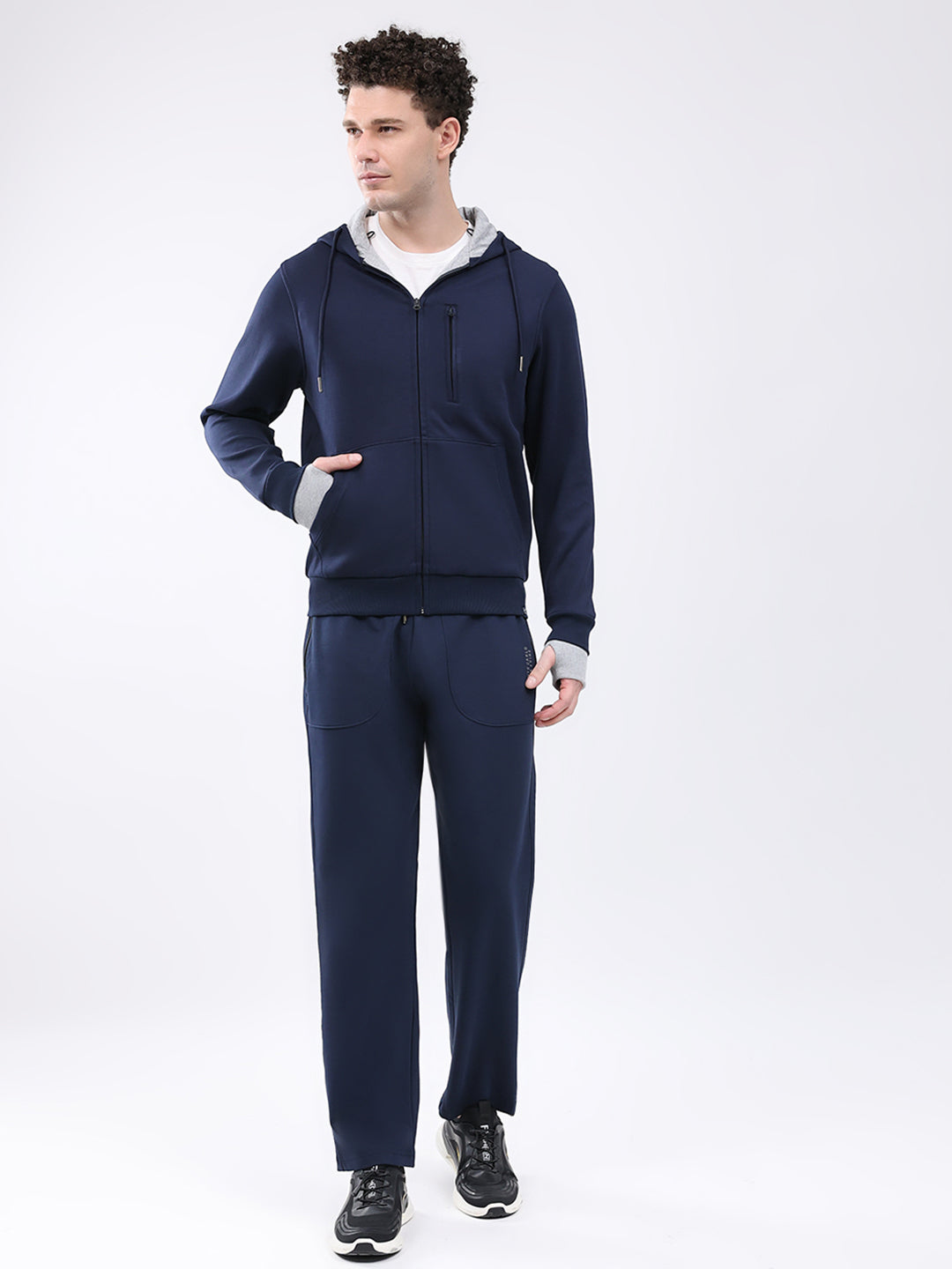 Men Navy Blue Solid Hooded Full Sleeve Winter Tracksuit
