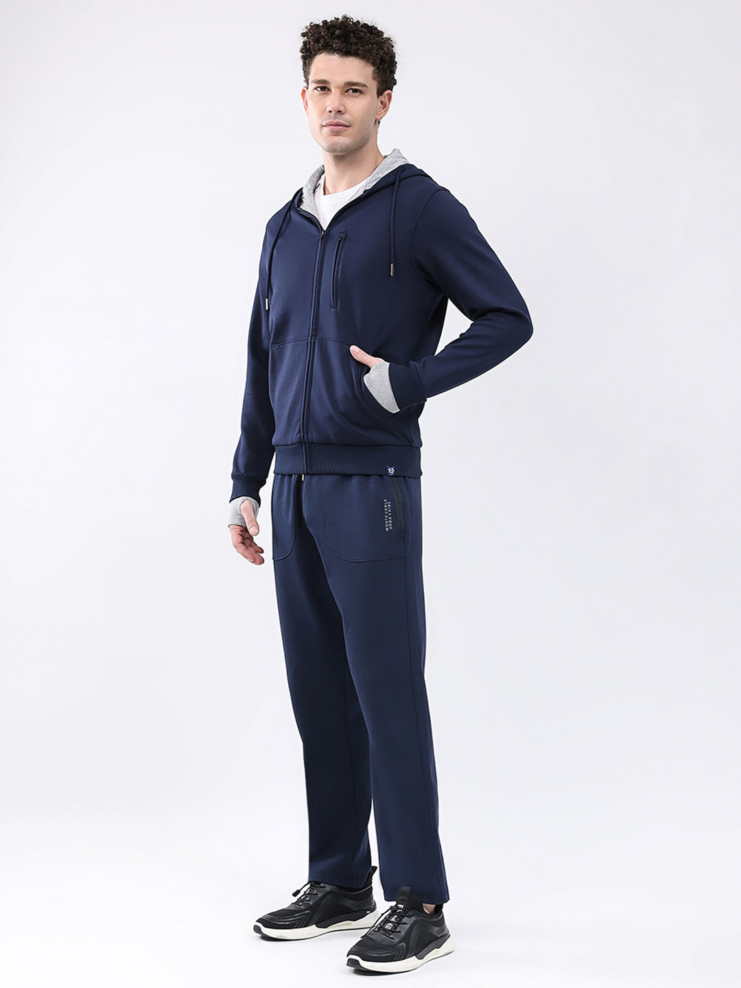 Men Navy Blue Solid Hooded Full Sleeve Winter Tracksuit