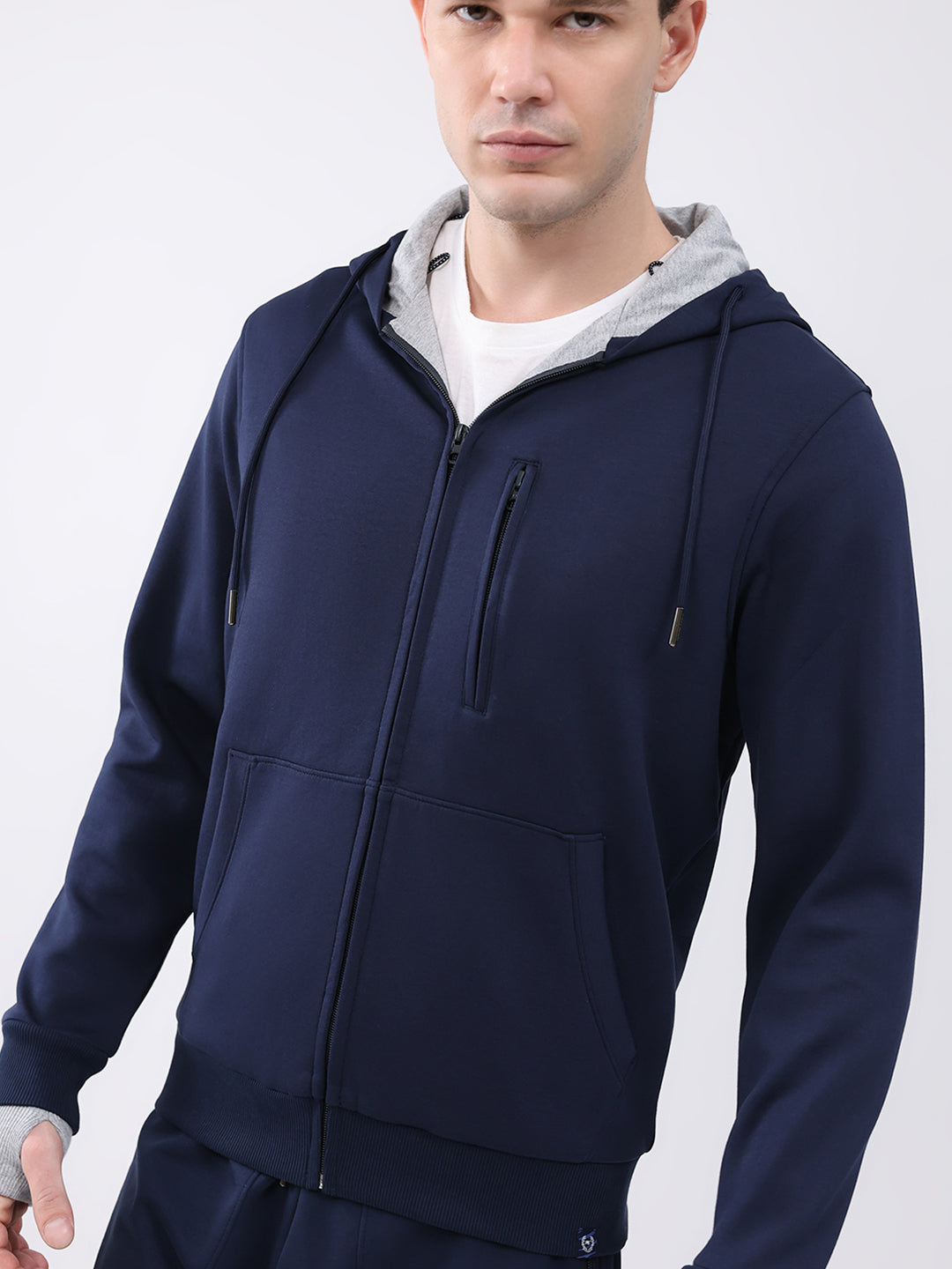 Men Navy Blue Solid Hooded Full Sleeve Winter Tracksuit