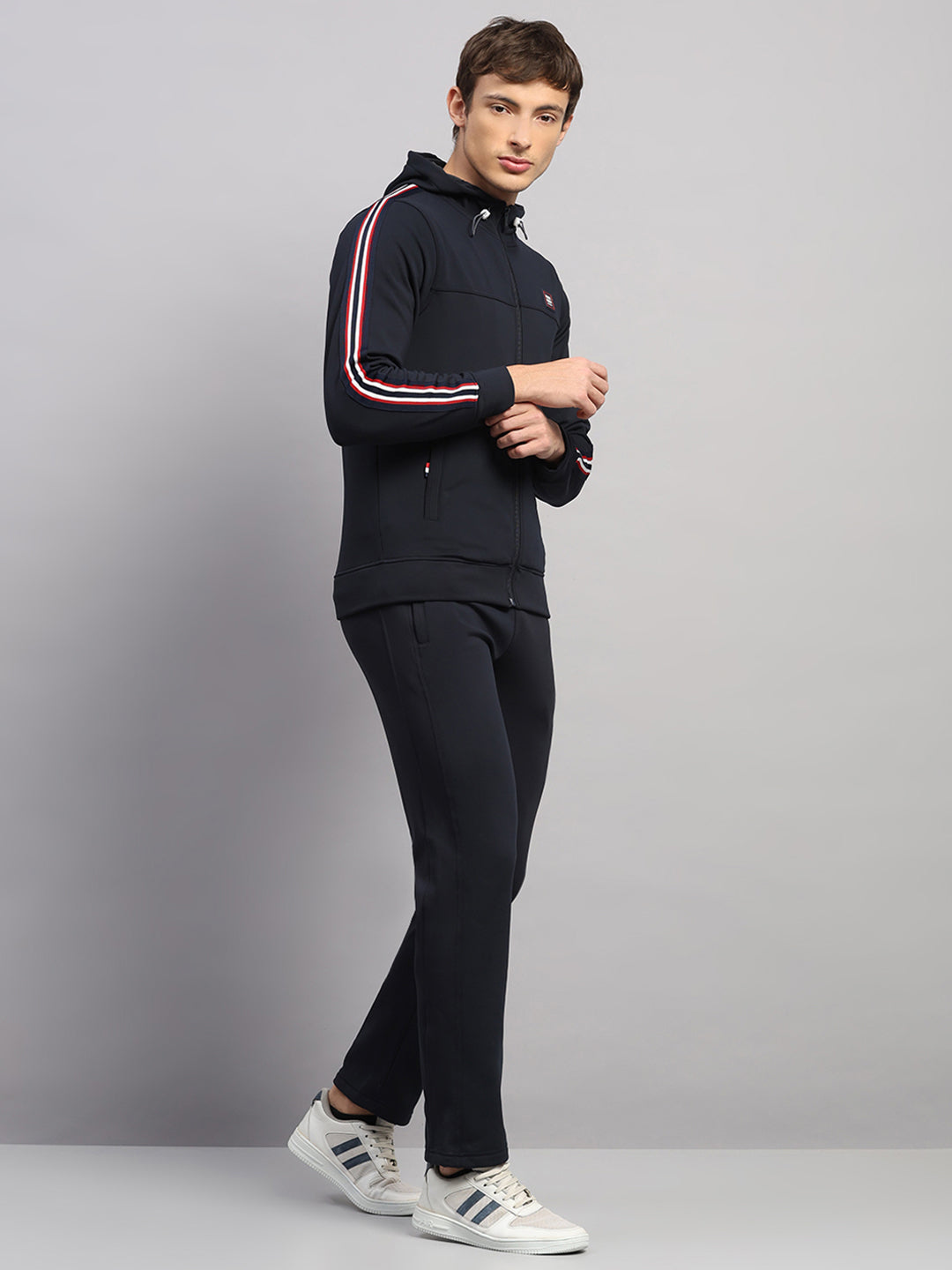 Men Navy Blue Solid Collar Full Sleeve Winter Tracksuit