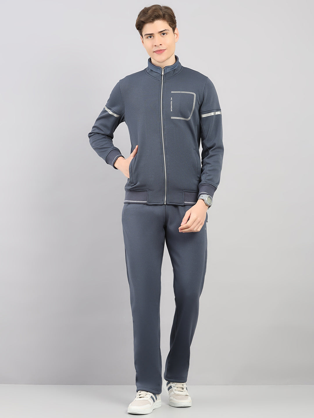 Men Grey Solid Stand Collar Full Sleeve Winter Tracksuit