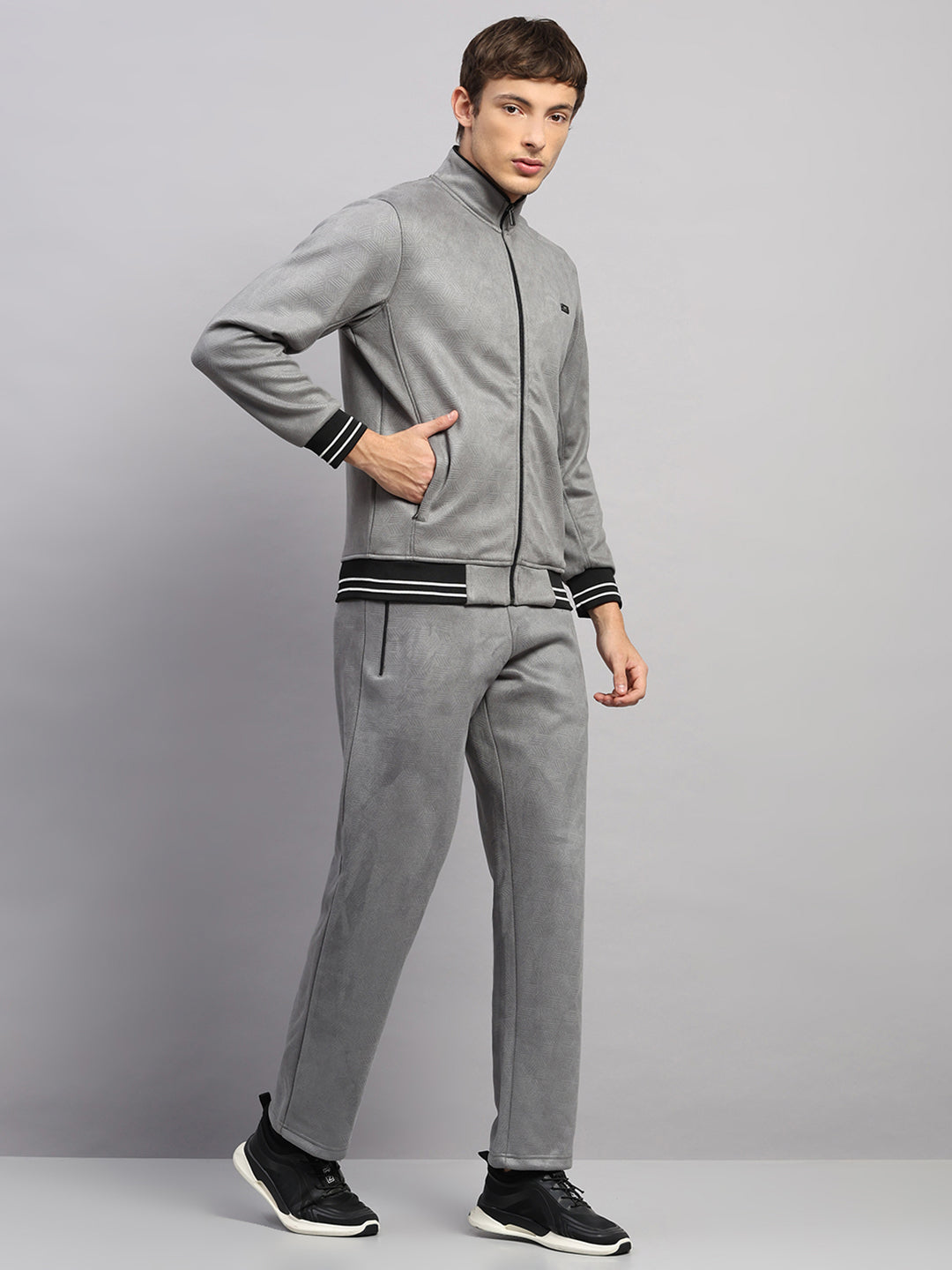 Men Grey Solid Collar Full Sleeve Winter Tracksuit