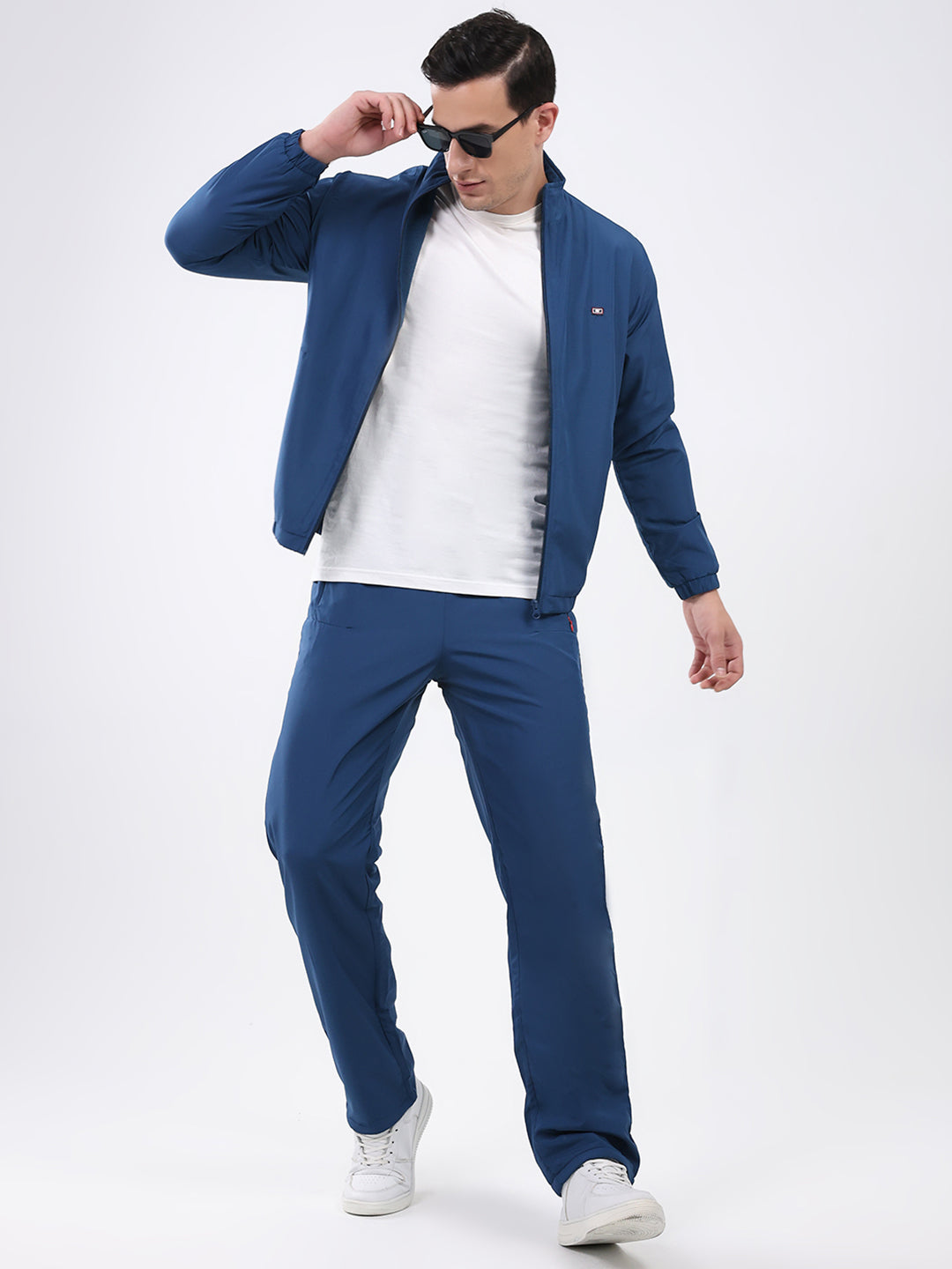 Men Blue Solid Mock Neck Full Sleeve Winter Tracksuit