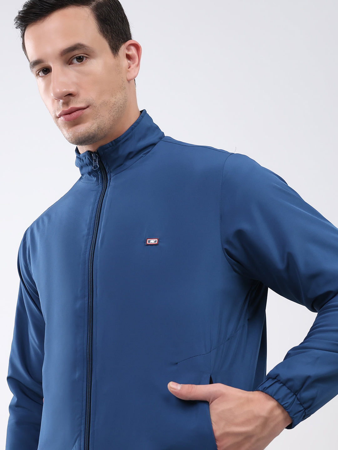 Men Blue Solid Mock Neck Full Sleeve Winter Tracksuit