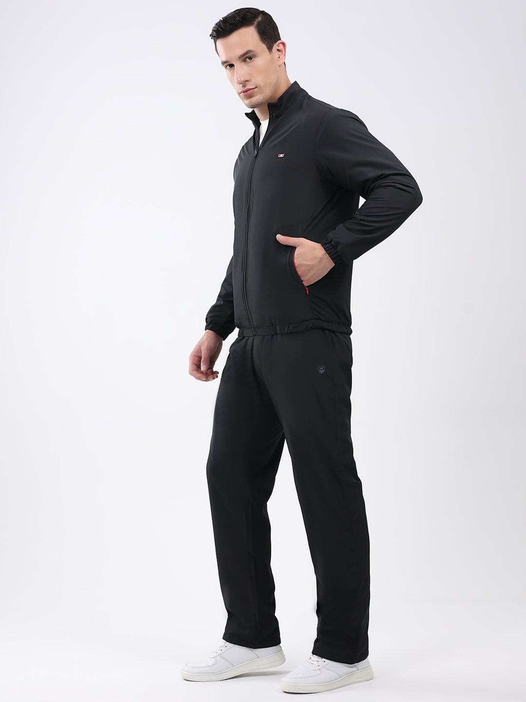 Men Black Solid Mock Neck Full Sleeve Winter Tracksuit