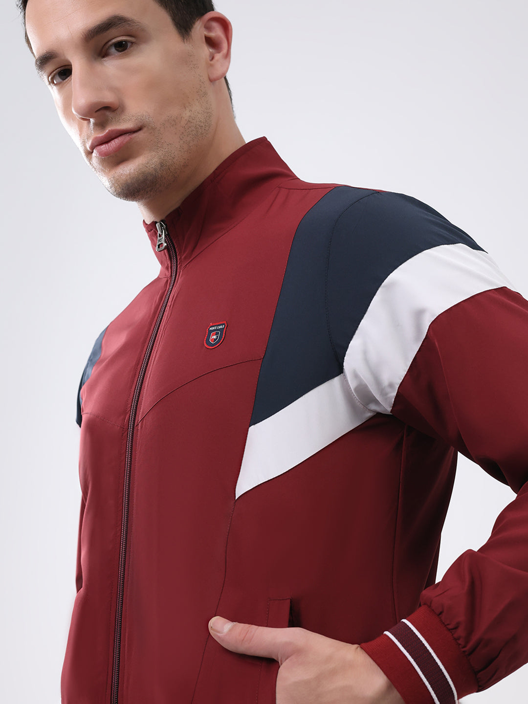 Men Maroon Solid Mock Neck Full Sleeve Winter Tracksuit