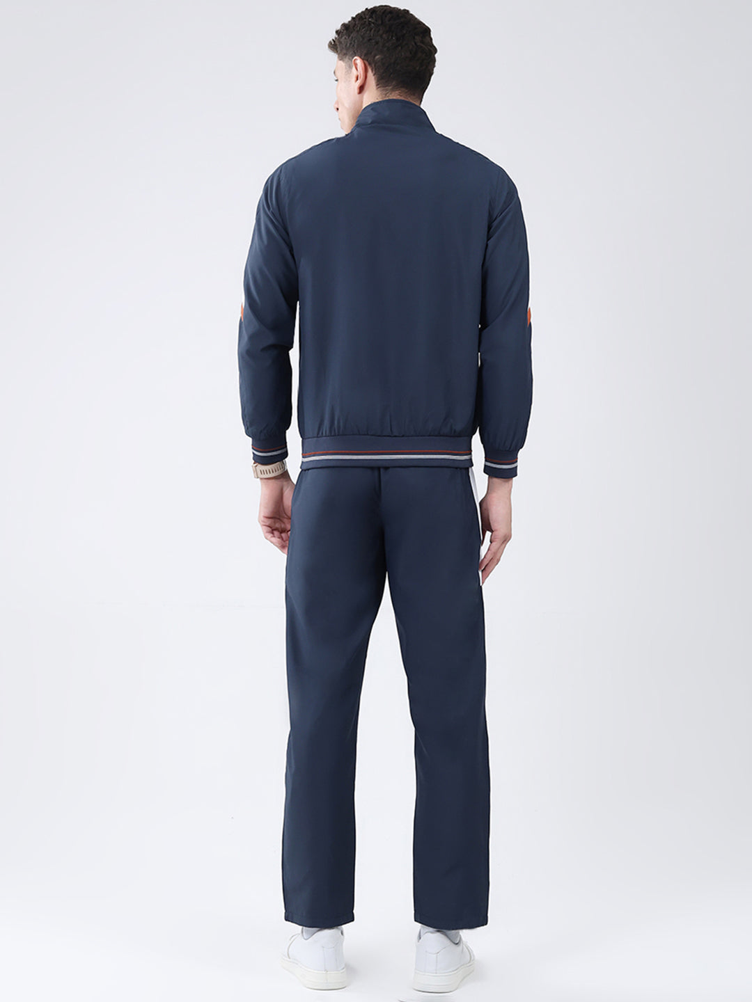 Men Navy Blue Solid Mock Neck Full Sleeve Winter Tracksuit