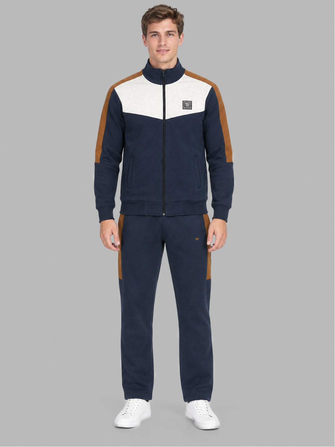 Men Navy Blue Printed Round Neck Full Sleeve Winter Tracksuit