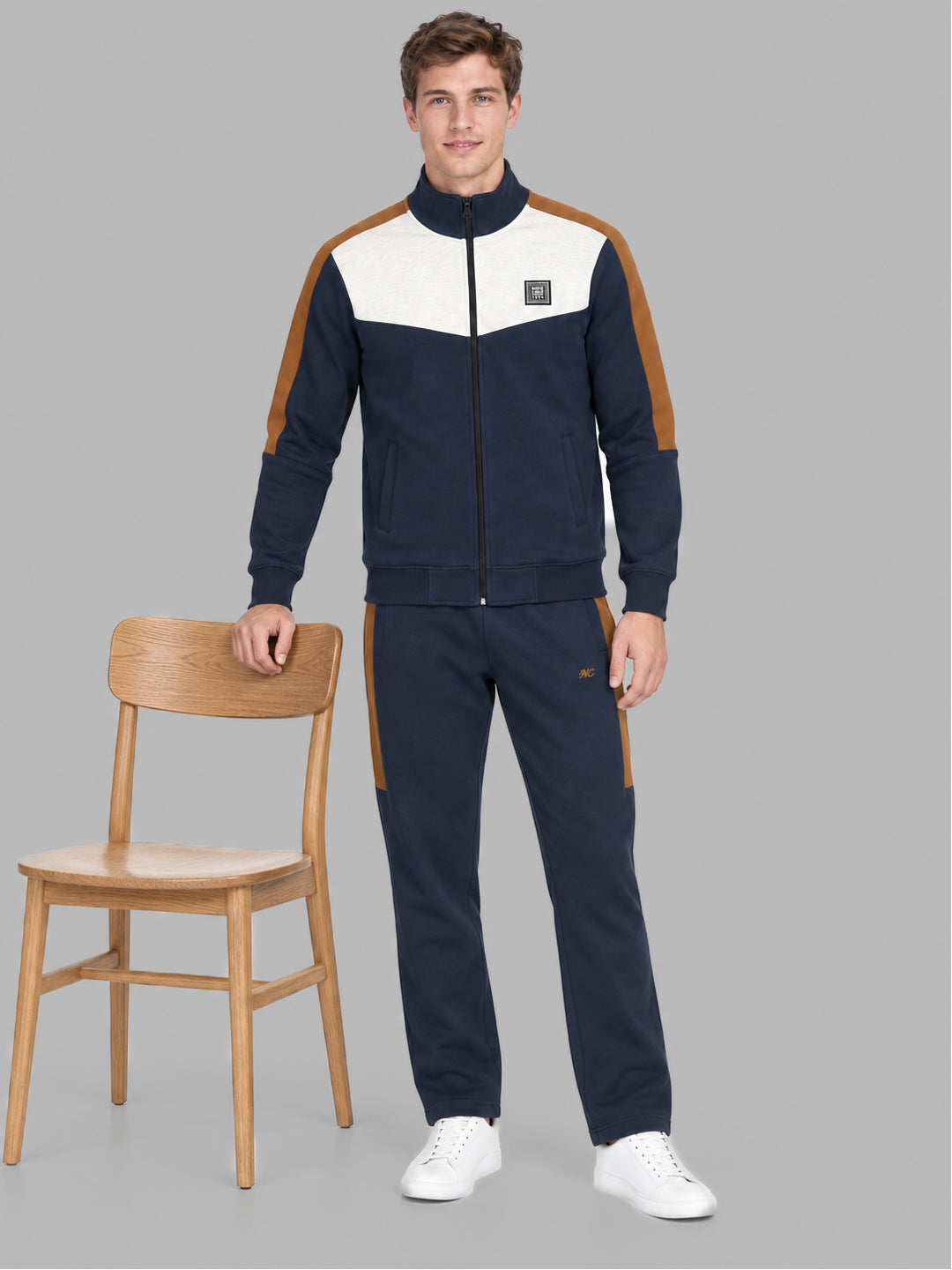 Men Navy Blue Printed Round Neck Full Sleeve Winter Tracksuit