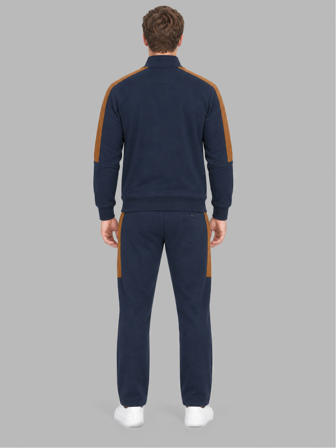 Men Navy Blue Printed Round Neck Full Sleeve Winter Tracksuit