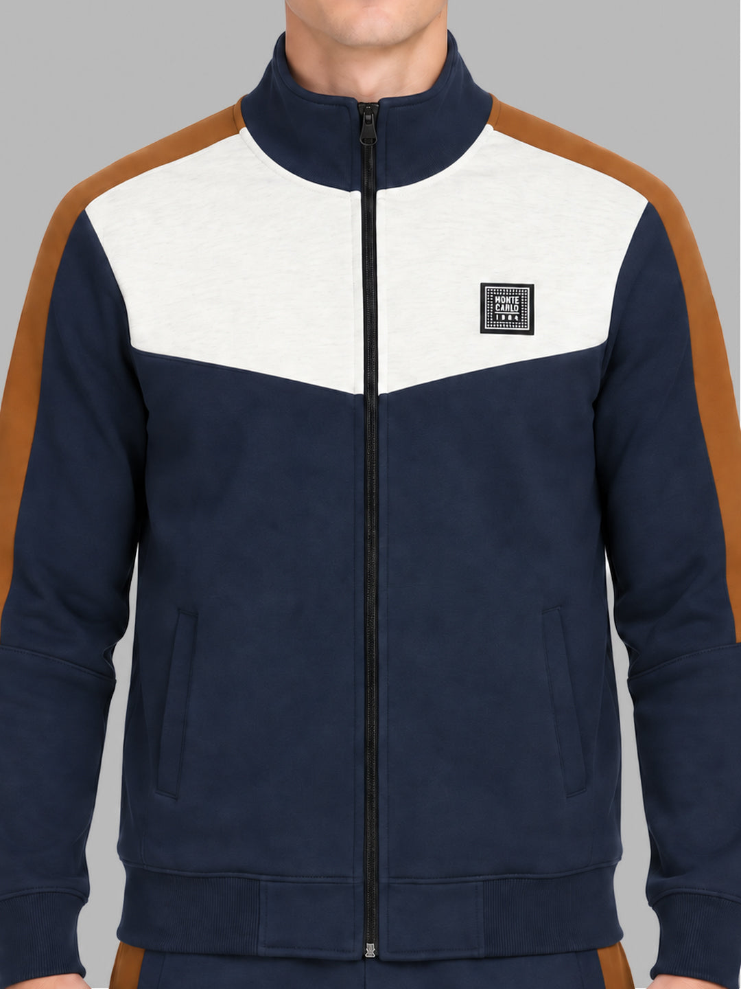 Men Navy Blue Printed Round Neck Full Sleeve Winter Tracksuit
