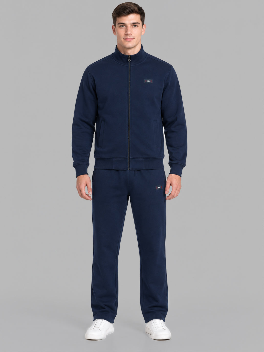 Men Navy Blue Solid Round Neck Full Sleeve Winter Tracksuit