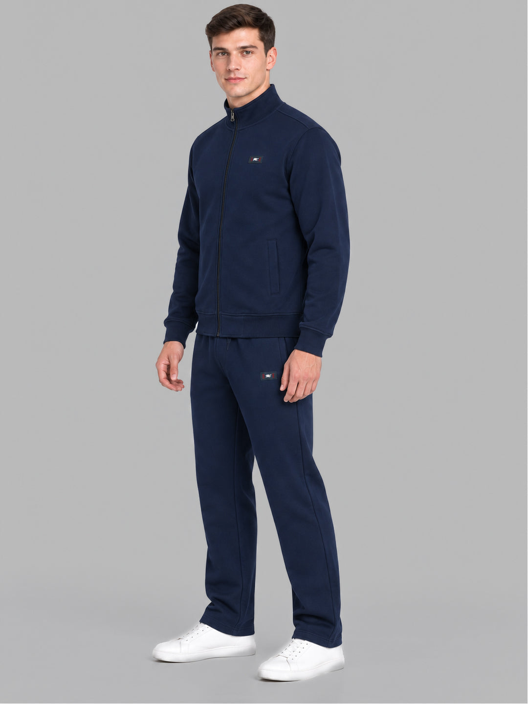Men Navy Blue Solid Round Neck Full Sleeve Winter Tracksuit