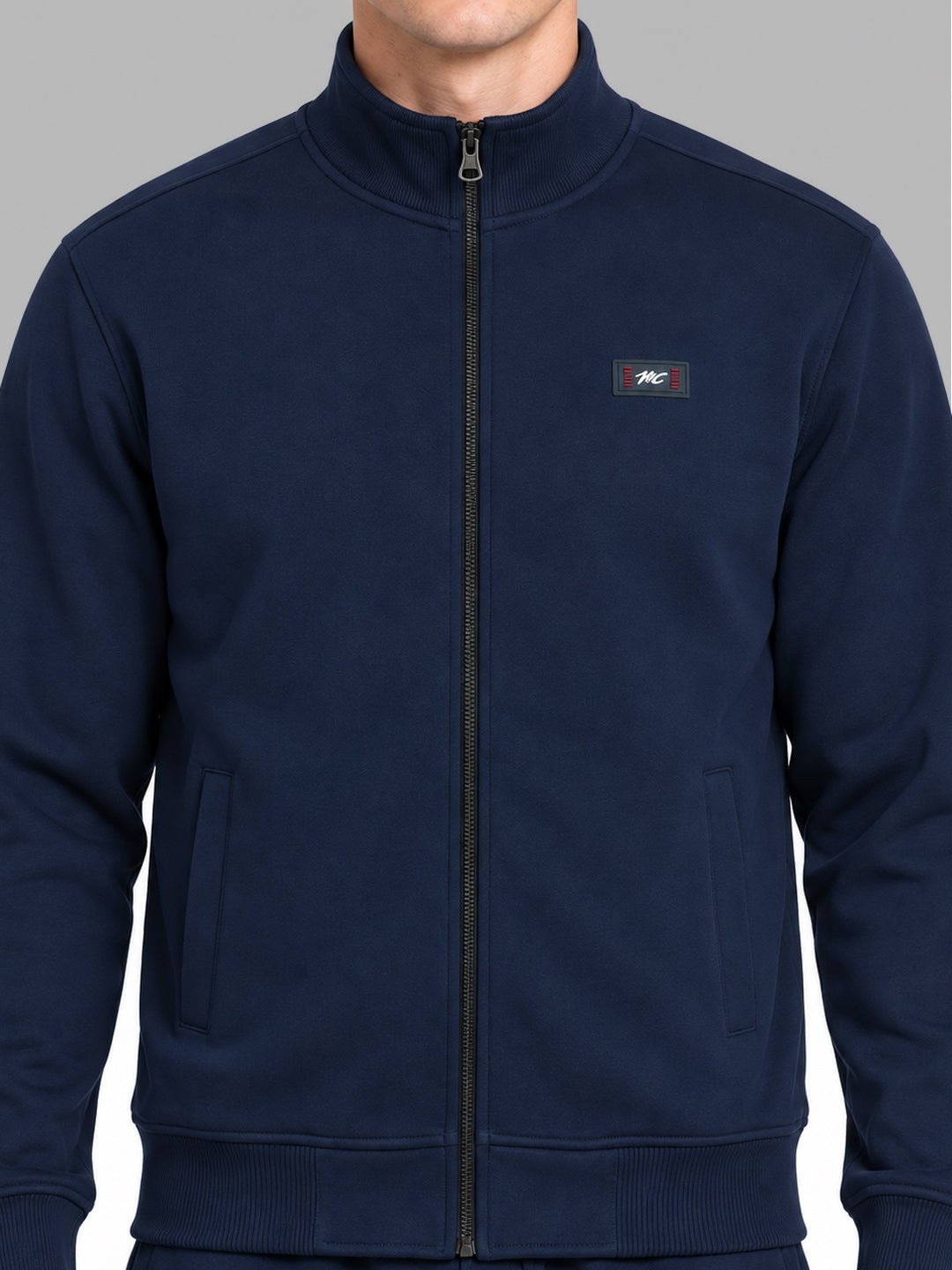 Men Navy Blue Solid Round Neck Full Sleeve Winter Tracksuit
