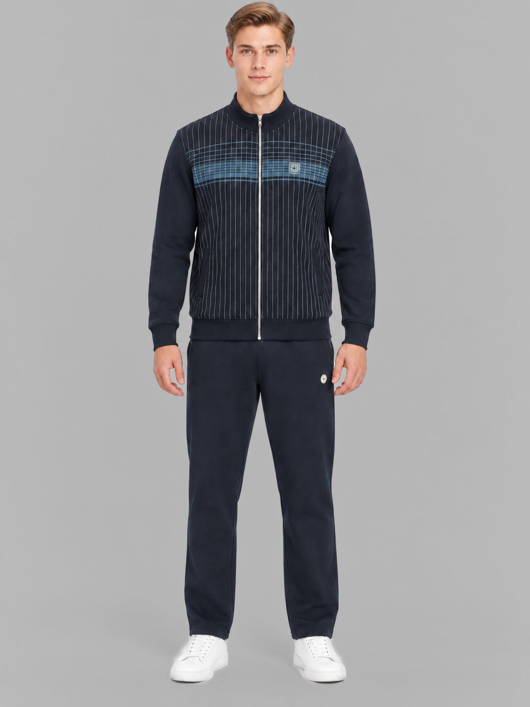 Men Navy Blue Solid Round Neck Full Sleeve Winter Tracksuit