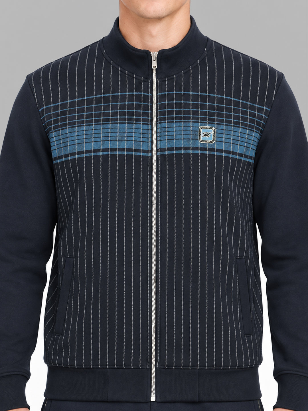 Men Navy Blue Solid Round Neck Full Sleeve Winter Tracksuit