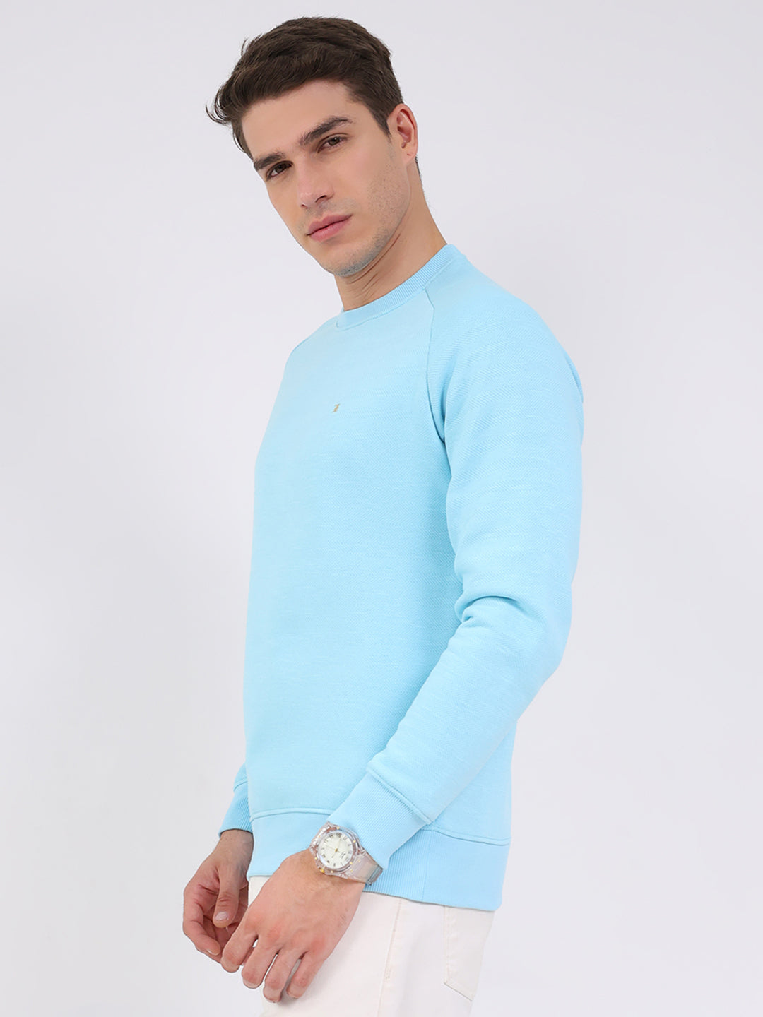 Luxuria Men Sky Blue Solid Round Neck Full Sleeve Sweatshirt