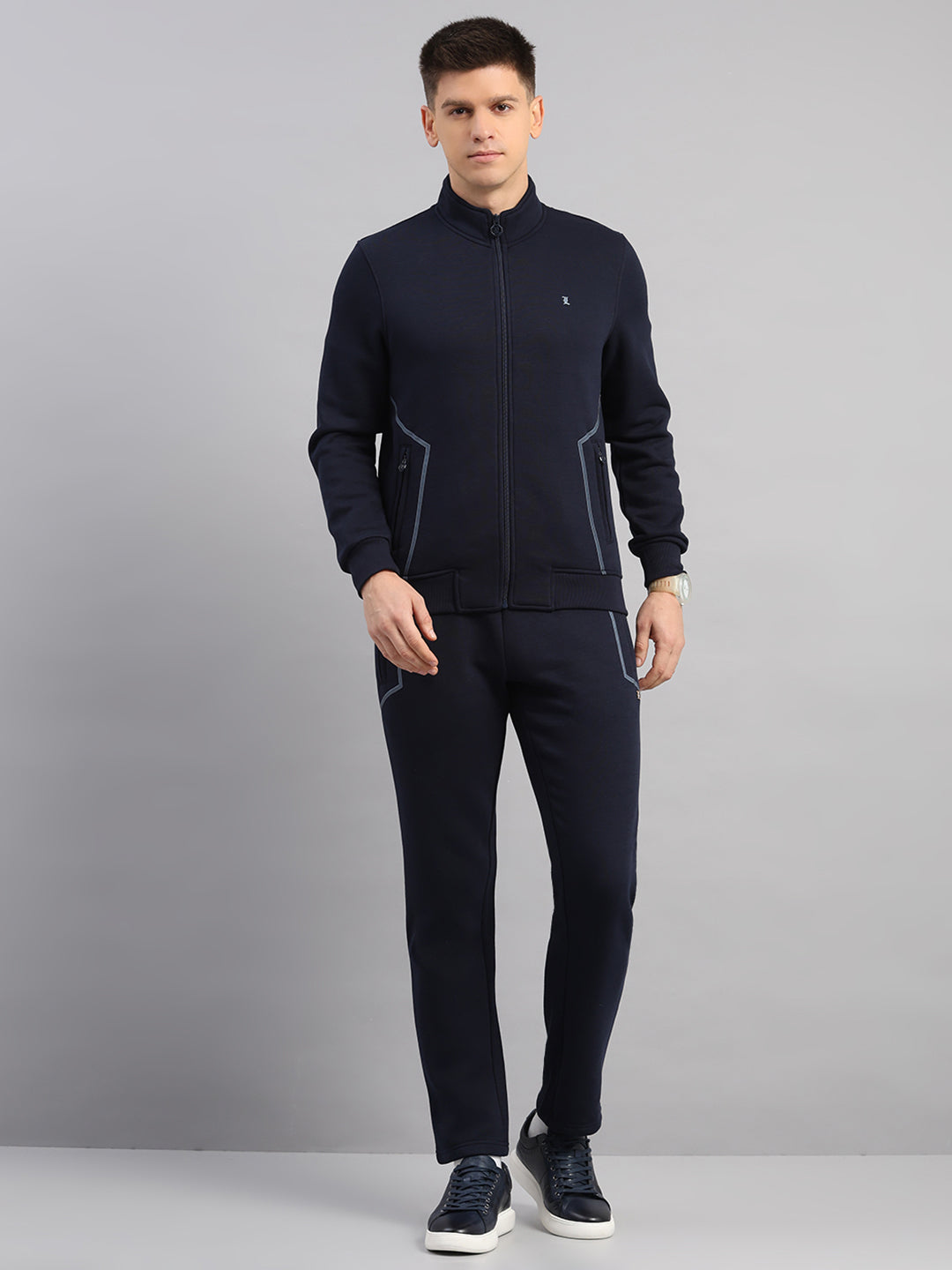Luxuria Men Navy Blue Solid Collar Full Sleeve Winter Tracksuit