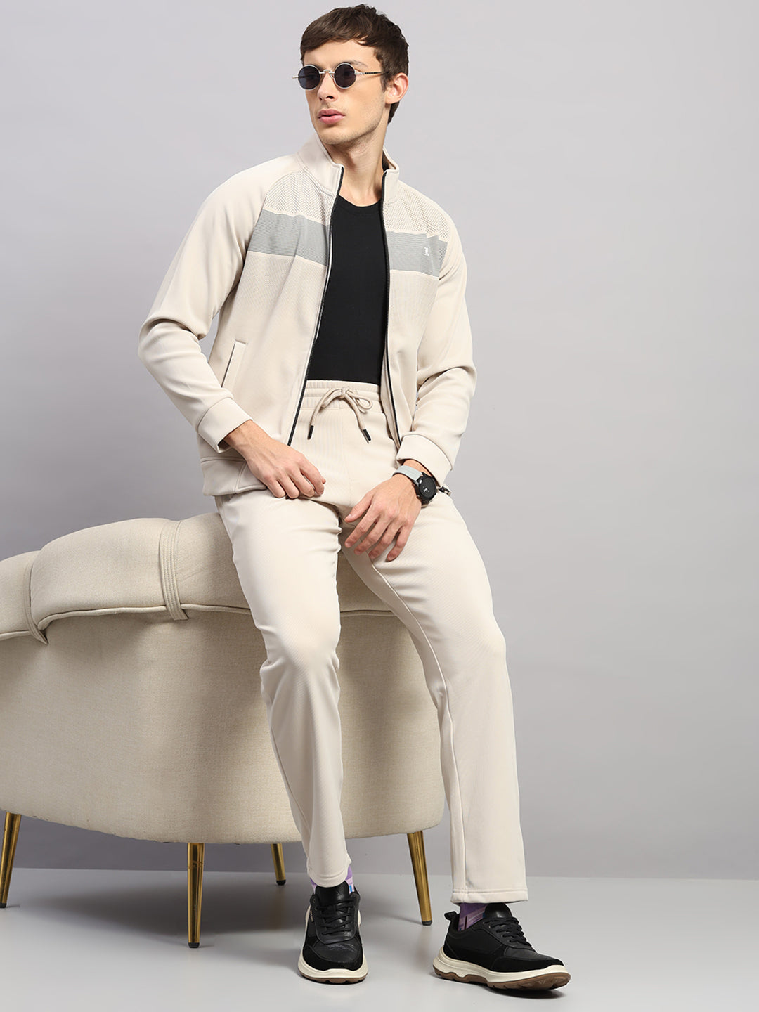 Luxuria Men Beige Solid Collar Full Sleeve Winter Tracksuit