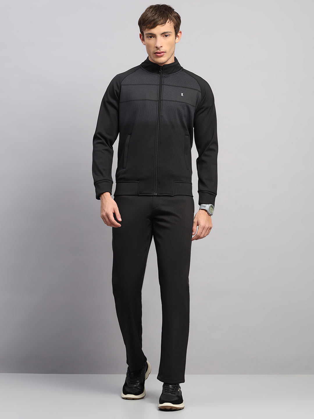 Luxuria Men Black Solid Collar Full Sleeve Winter Tracksuit