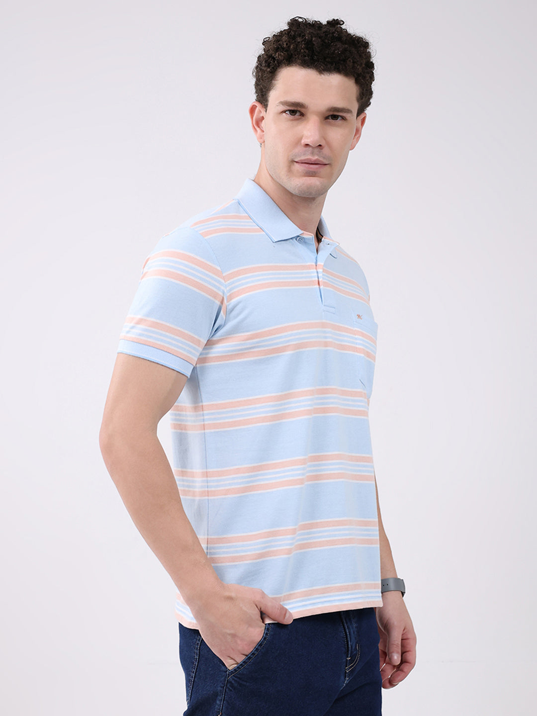 Men Sky Blue Stripe Collar Half Sleeve T-Shirt