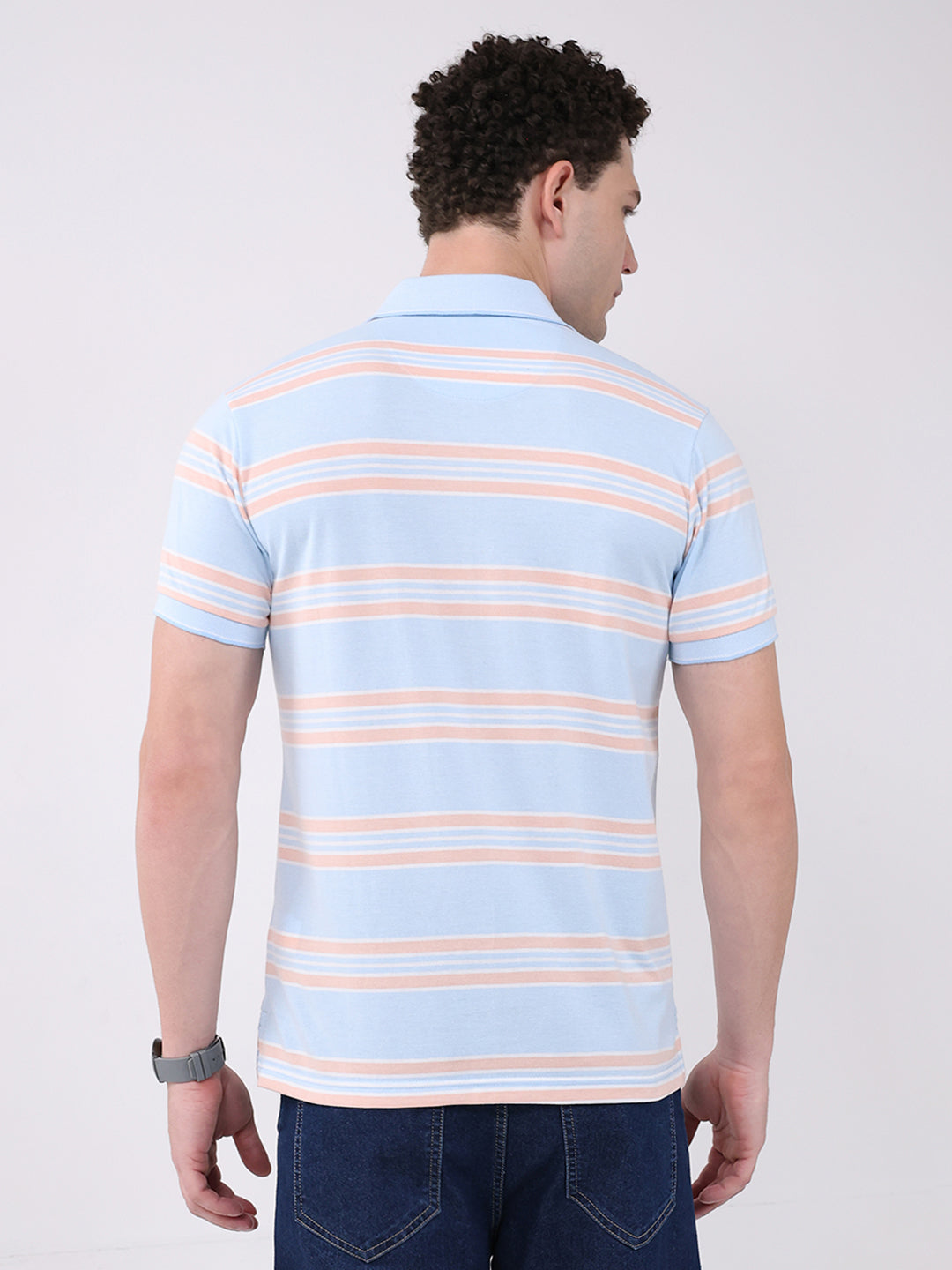 Men Sky Blue Stripe Collar Half Sleeve T-Shirt