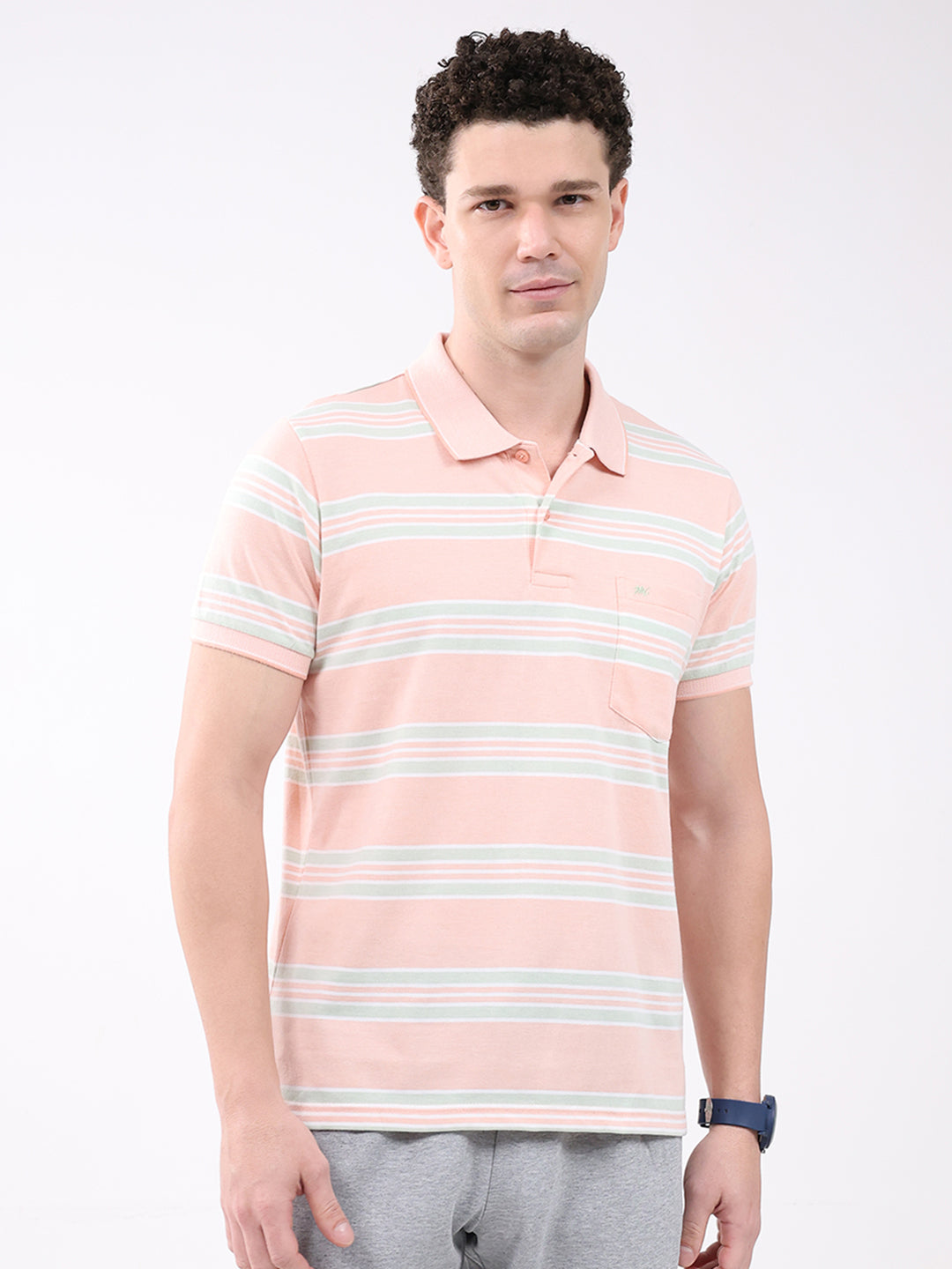 Men Peach Stripe Collar Half Sleeve T-Shirt