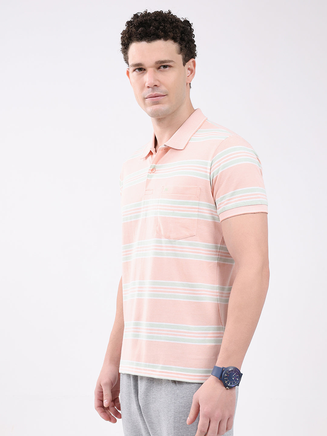 Men Peach Stripe Collar Half Sleeve T-Shirt