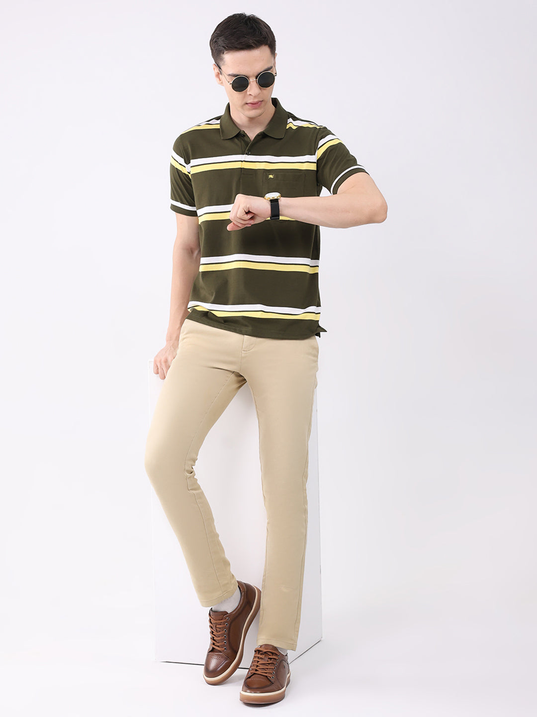 Men Olive Stripe Collar Half Sleeve T-Shirt