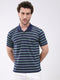 Men Navy Blue Stripe Collar Half Sleeve T-Shirt