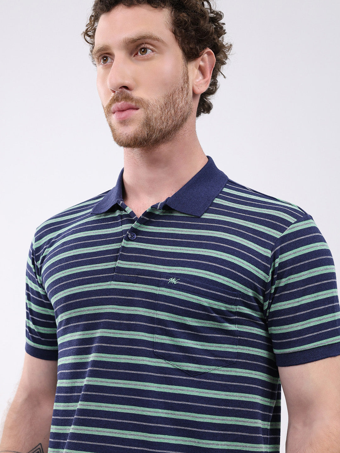 Men Navy Blue Stripe Collar Half Sleeve T-Shirt