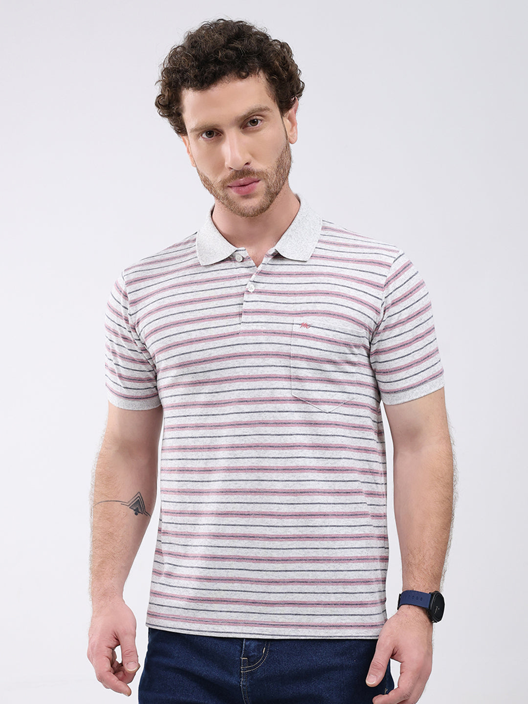 Men Grey Stripe Collar Half Sleeve T-Shirt