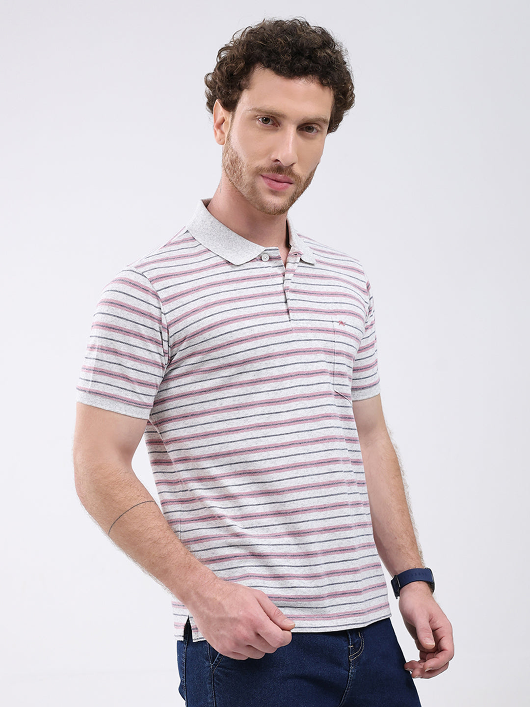 Men Grey Stripe Collar Half Sleeve T-Shirt