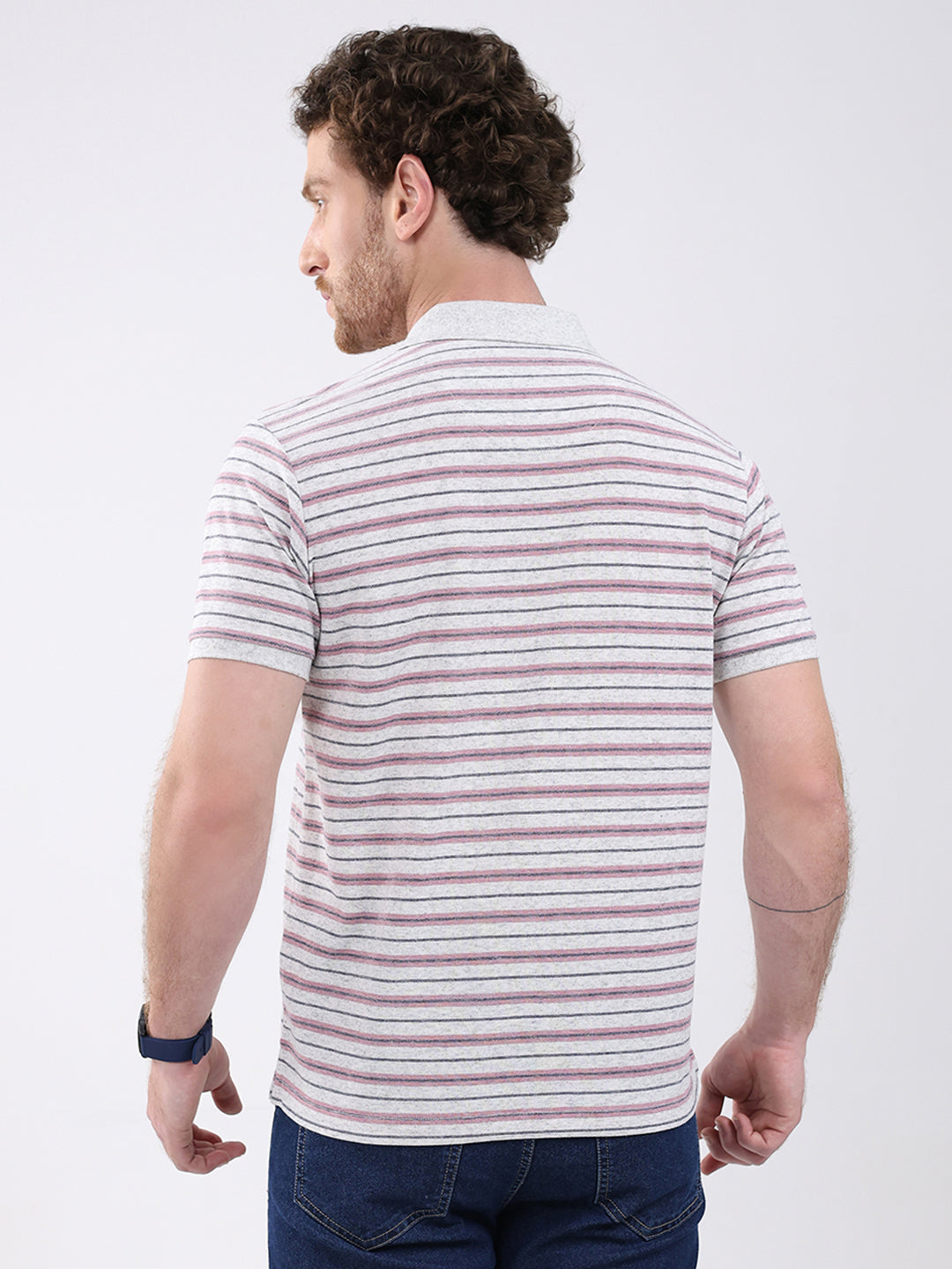 Men Grey Stripe Collar Half Sleeve T-Shirt