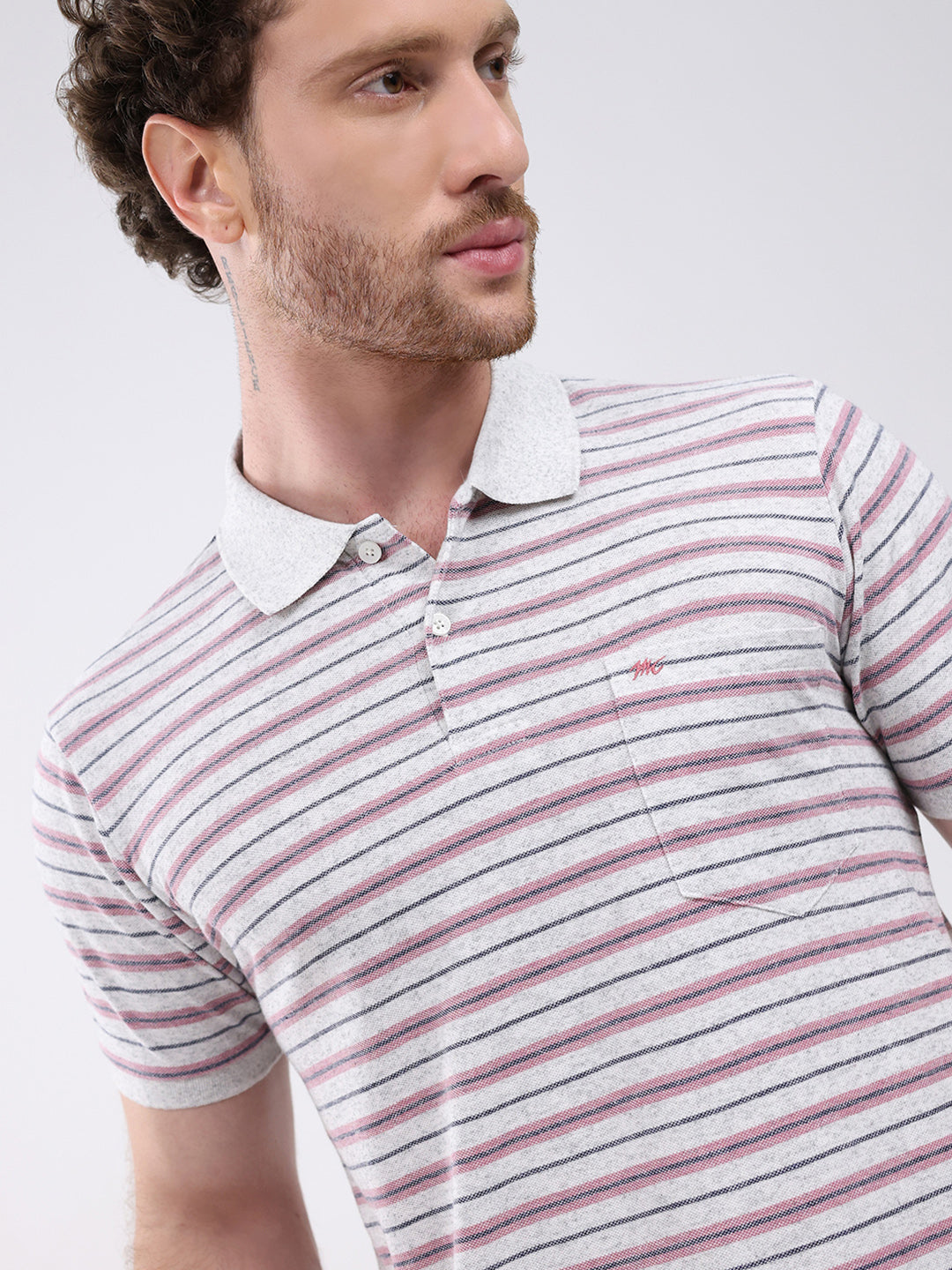 Men Grey Stripe Collar Half Sleeve T-Shirt