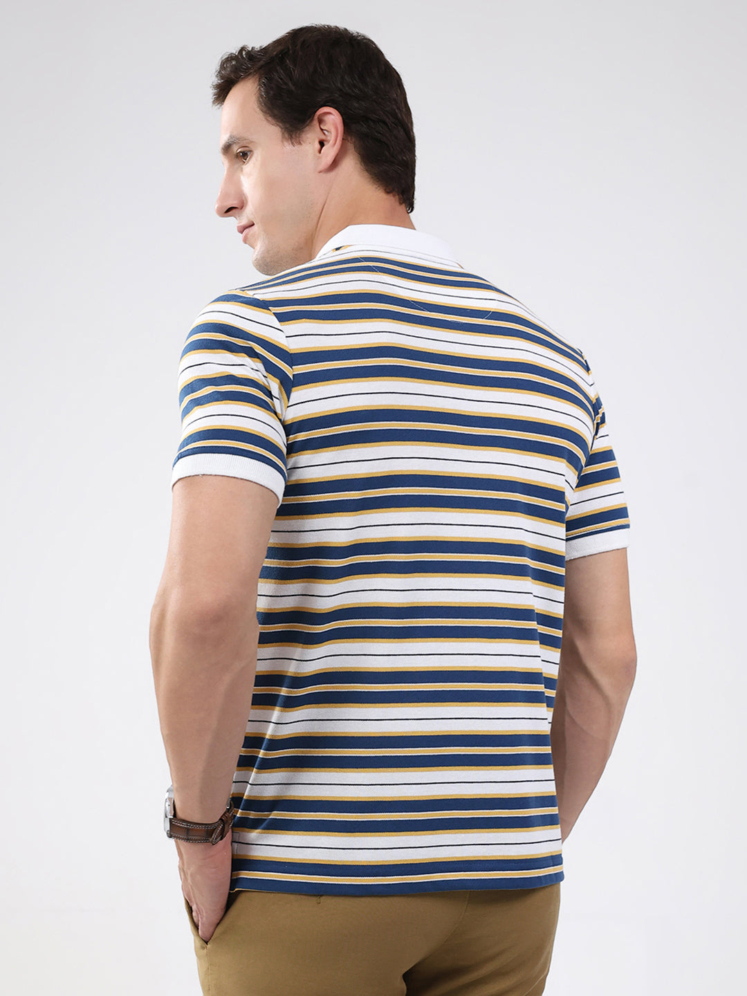 Men White & Blue Stripe Collar Half Sleeve T-Shirt