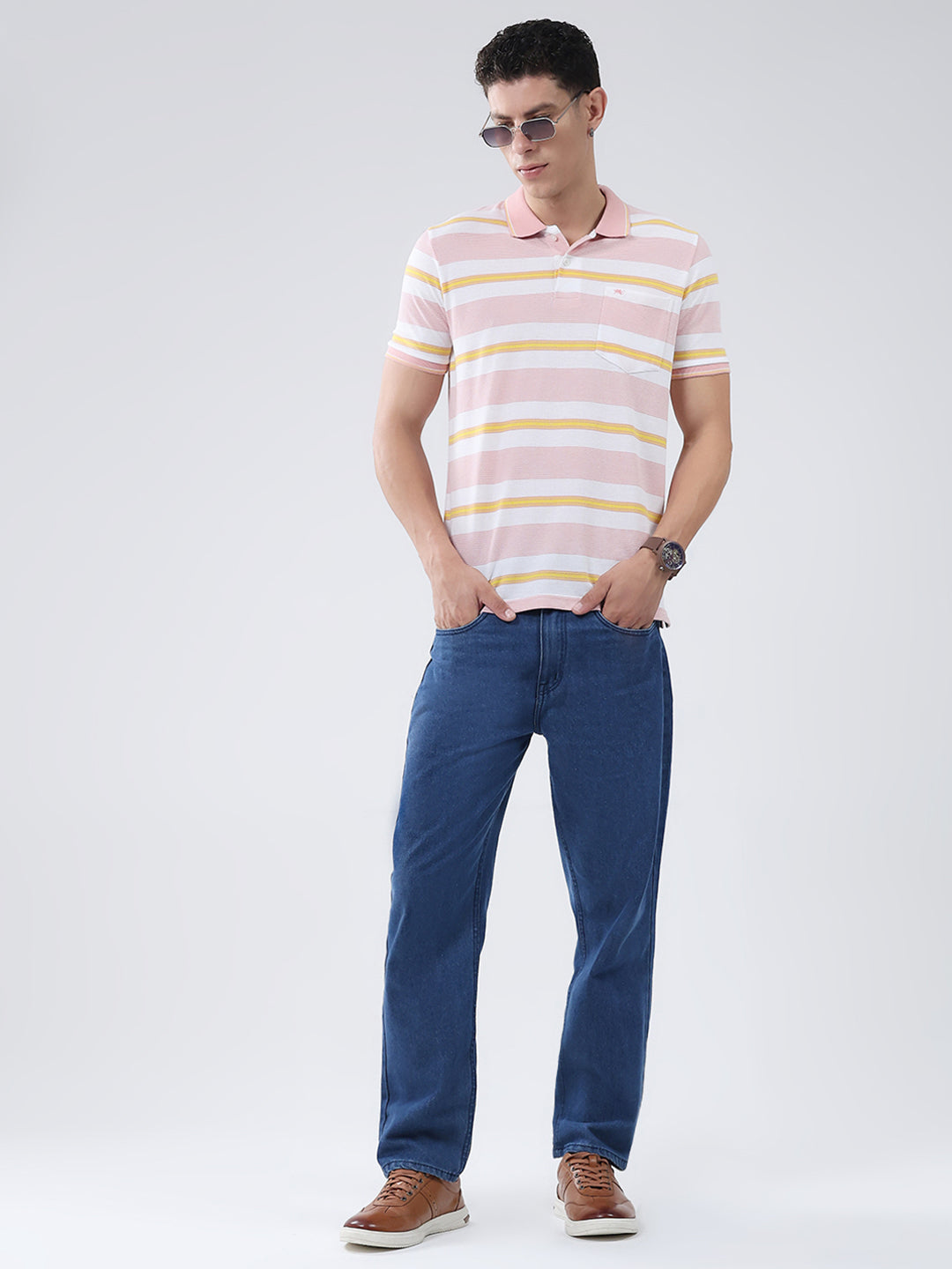 Men Pink Stripe Collar Half Sleeve T-Shirt