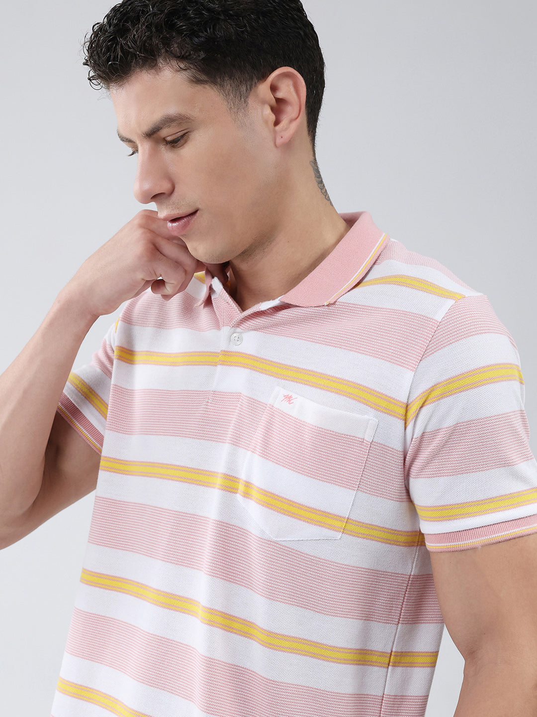 Men Pink Stripe Collar Half Sleeve T-Shirt