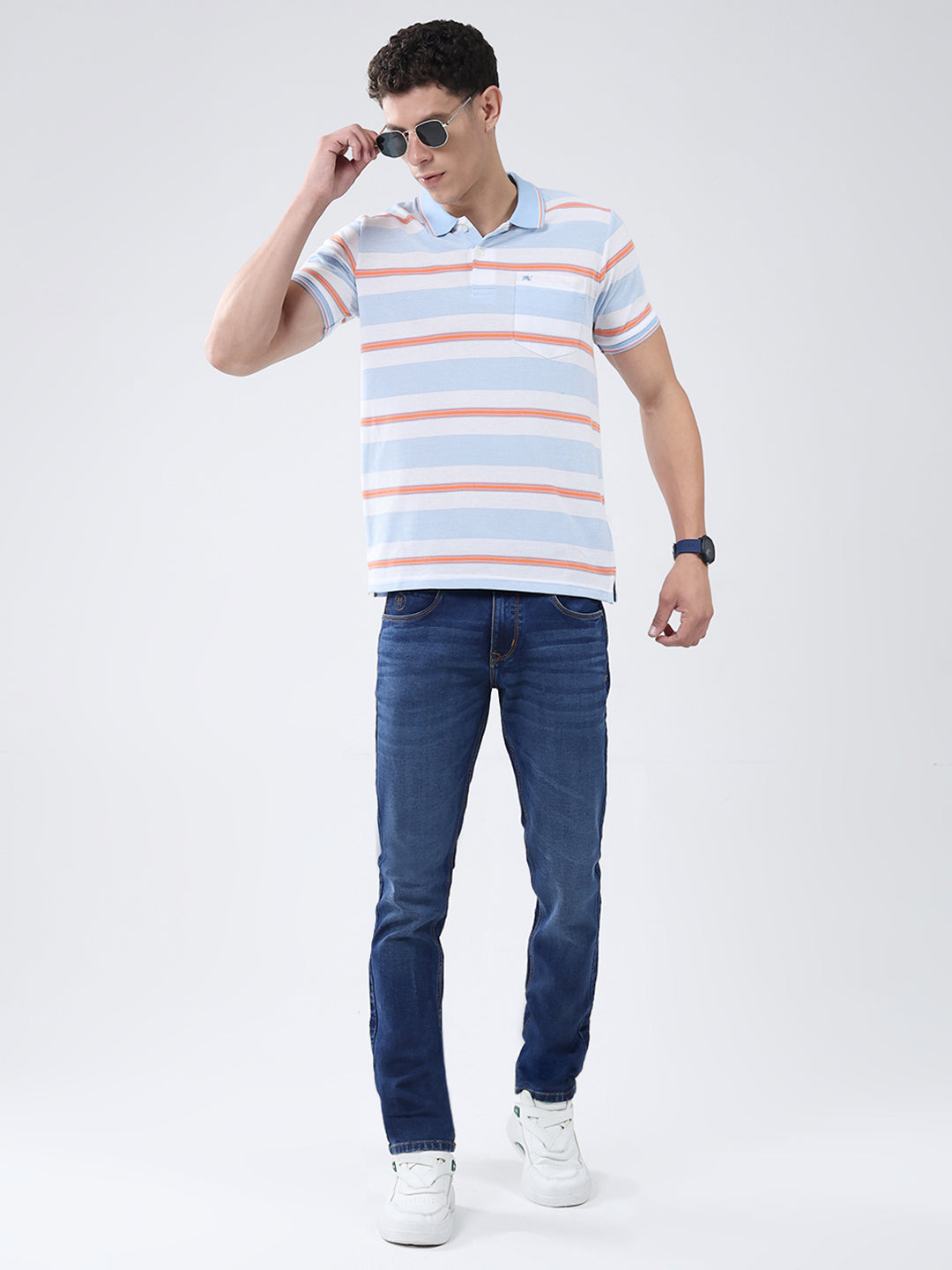 Men Blue Stripe Collar Half Sleeve T-Shirt