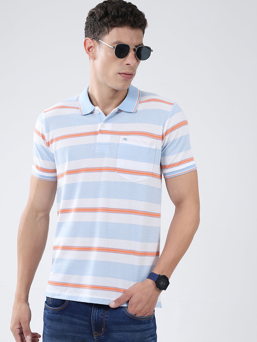 Men Blue Stripe Collar Half Sleeve T-Shirt