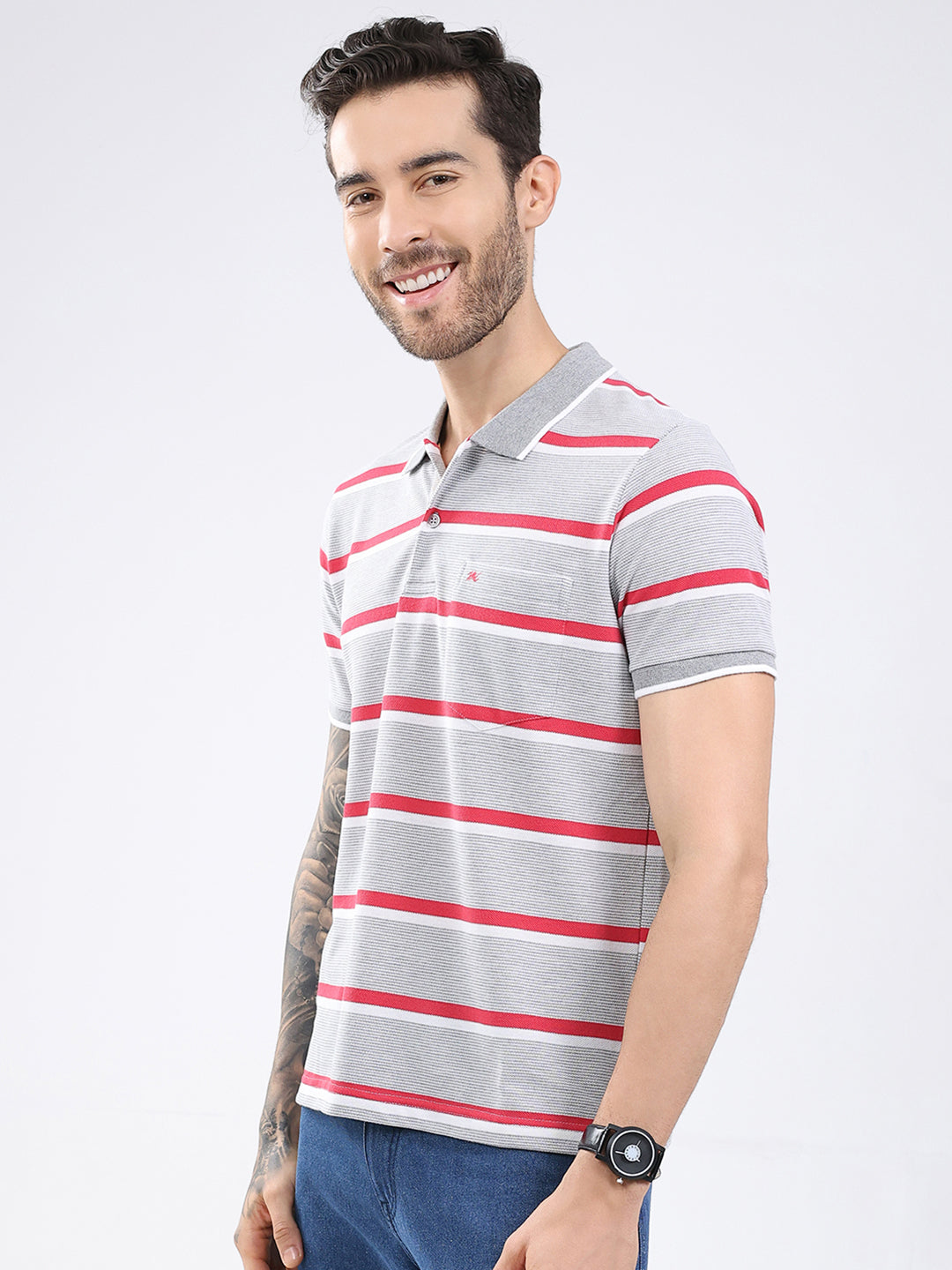 Men Grey Stripe Collar Half Sleeve T-Shirt