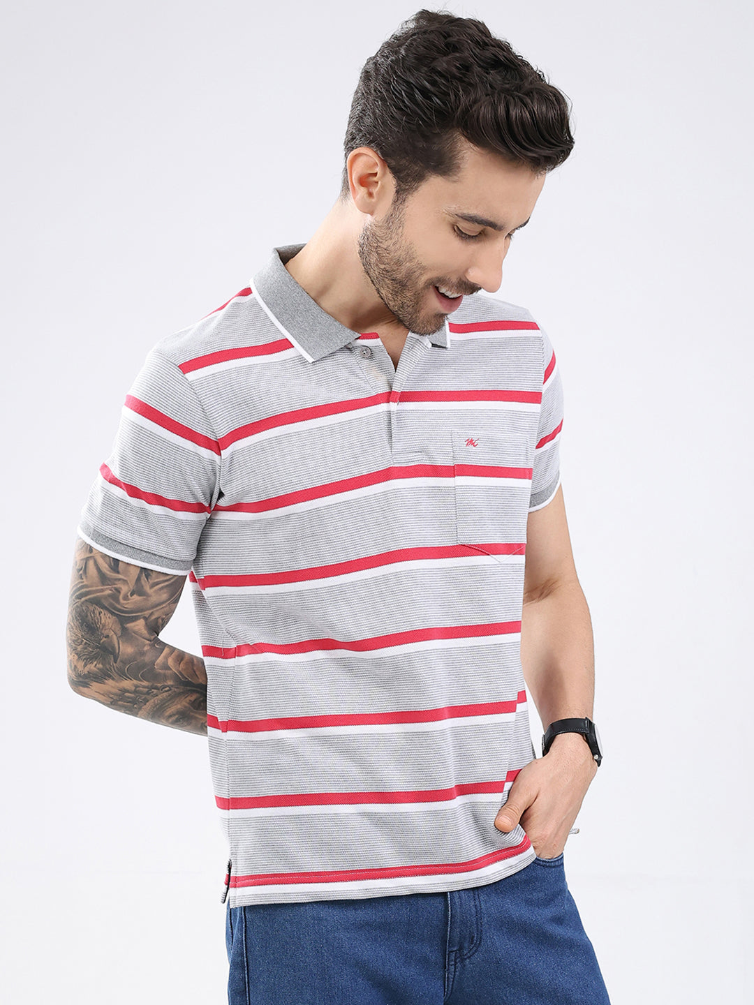 Men Grey Stripe Collar Half Sleeve T-Shirt